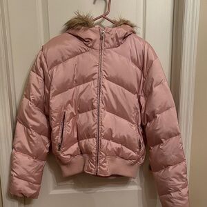New York & Company Blush Puffer Jacket with Faux Fur Trim